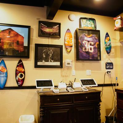 Interior, various framed pictures and decorations.