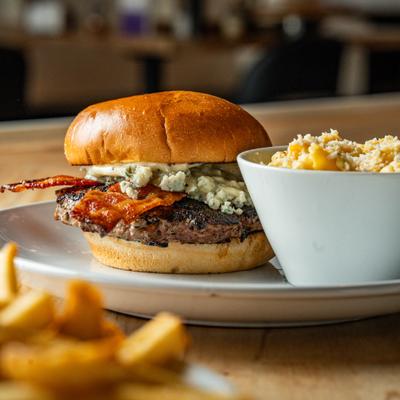 Burger with bacon and 3 cheese blend.