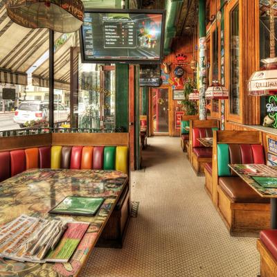 Booth seating by windows