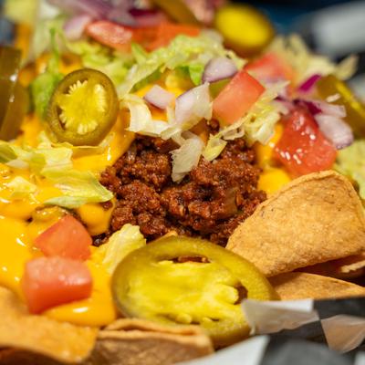 Loaded nachos, close up.