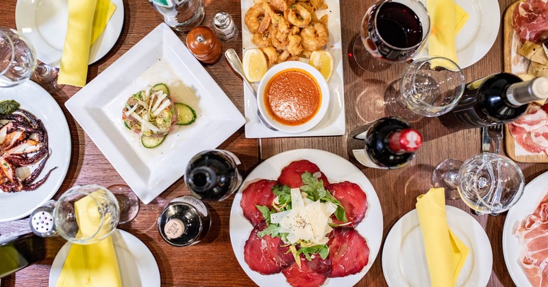 Assorted dishes and drinks, top view