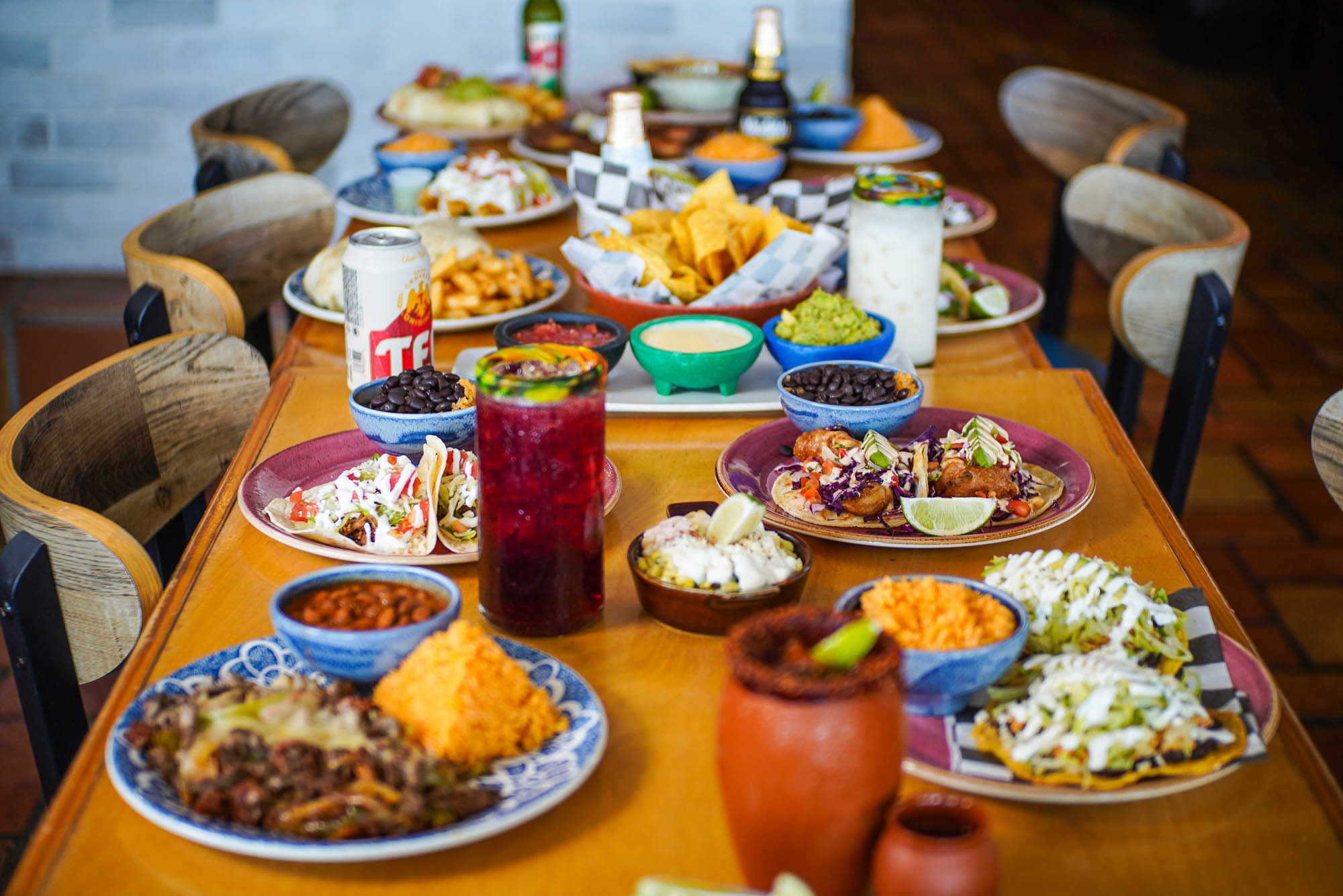 Various food and drinks on a table