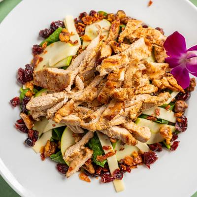 Chicken Salad with dried cranberries, walnuts, and bacon bits.