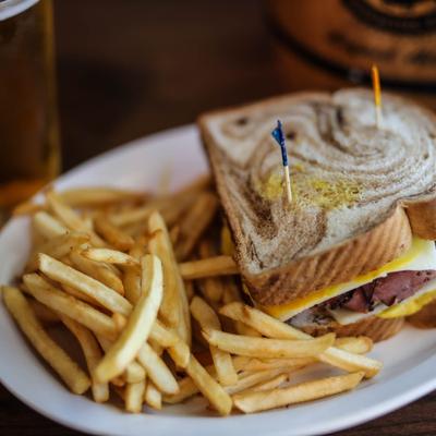 Yawkey Way, Hot pastrami sandwich with fries.