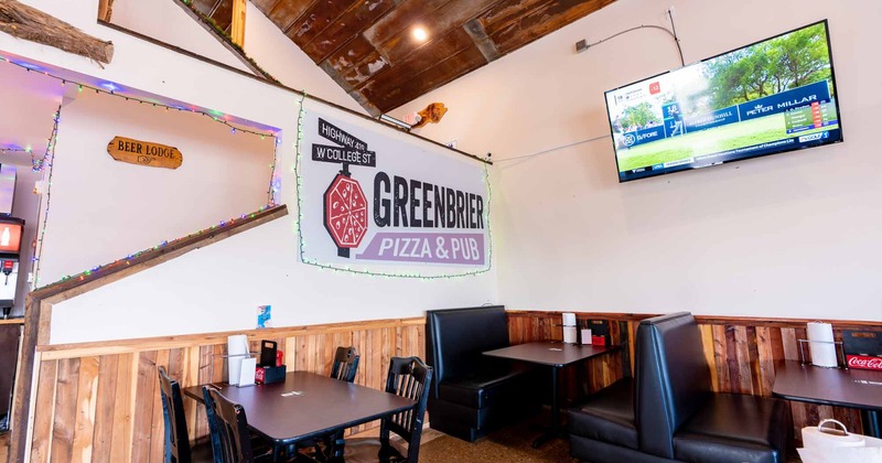 Interior, diner booths, sign