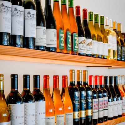 Assorted wine bottles.