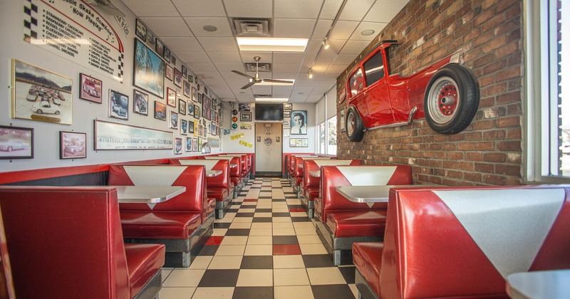 Interior, seating area, booths