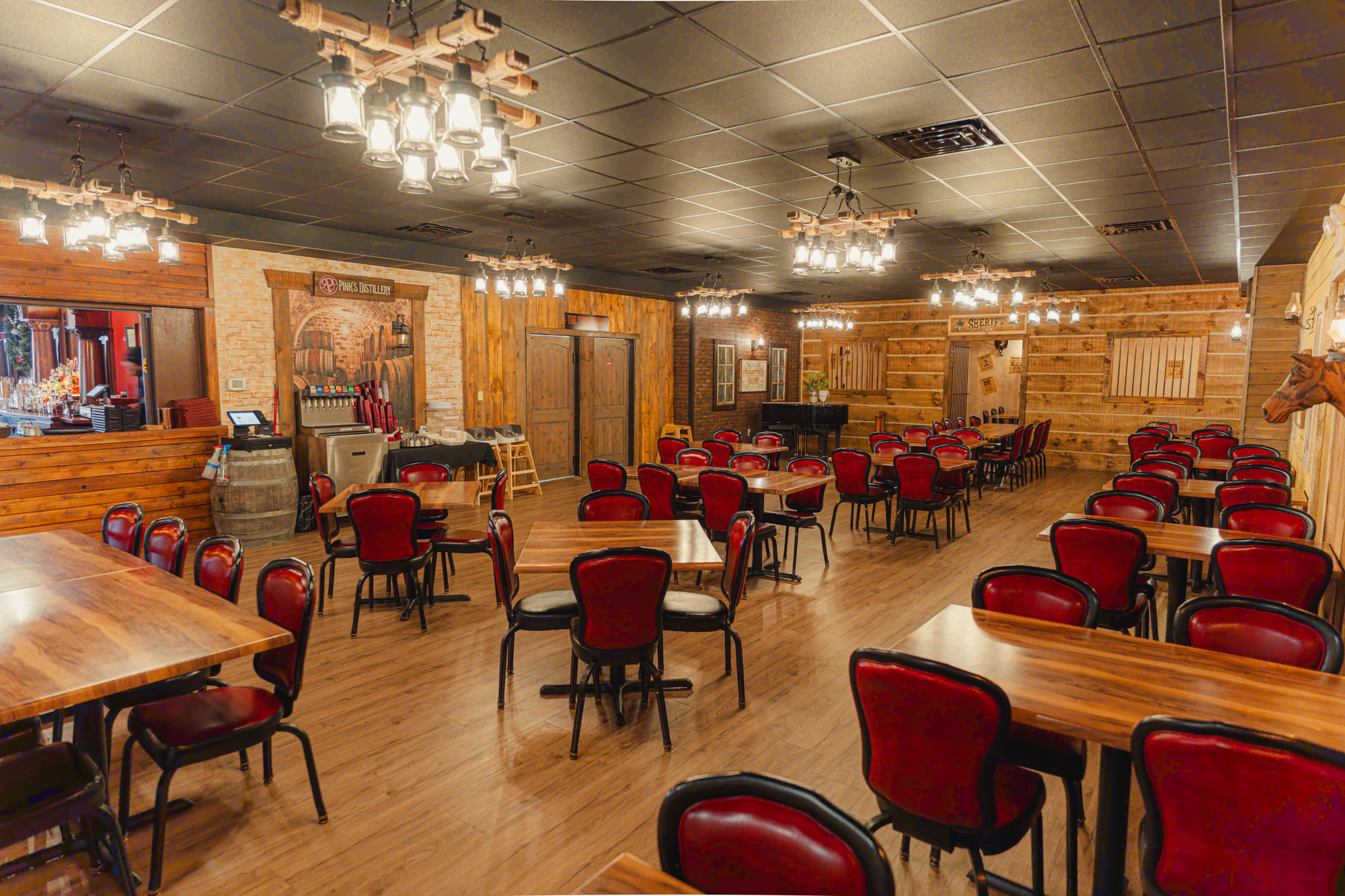 Private dining area with tables and chairs