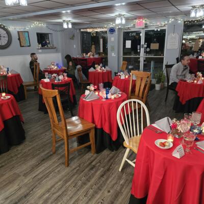 Dining room set for a romantic Valentine's Day dinner.