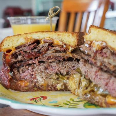 A cross-section of the Chez Special burger.