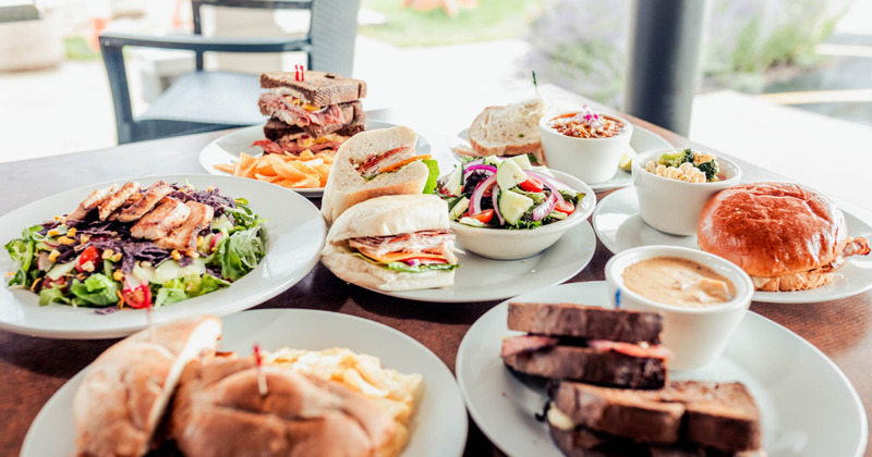 Different types of food and salad  on the table