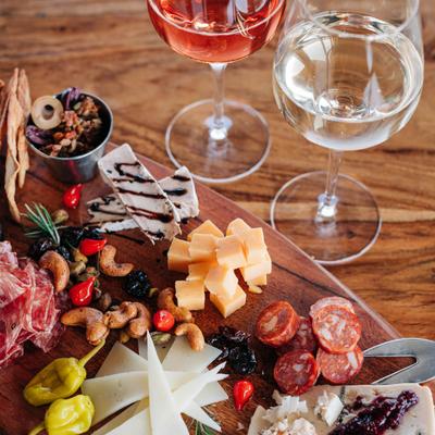 Charcuterie board and wine.