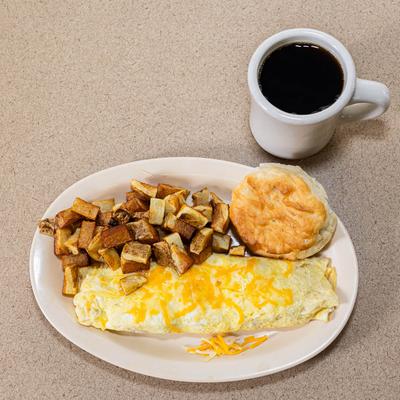 Cheese omelet, with breakfast potatoes, biscuit, and coffee.