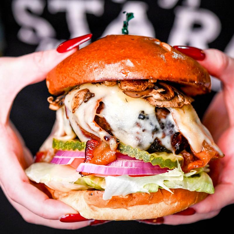 menu item 28 of 77, The Mushroom, Bacon, Swiss Burger