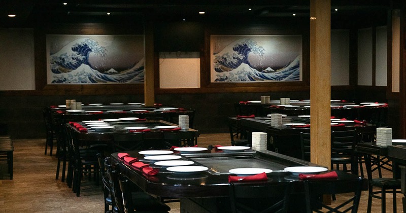 Teppanyaki grill tables ready for guests