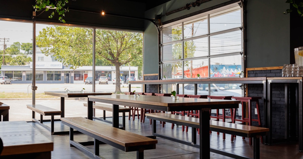 Interior, long tables and benches