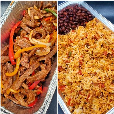 Sizzling beef fajita tray on the left, Mexican rice with black bean tray on the right.