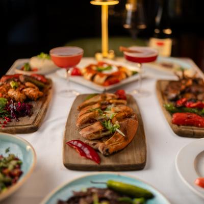 Group shot of tabled food.