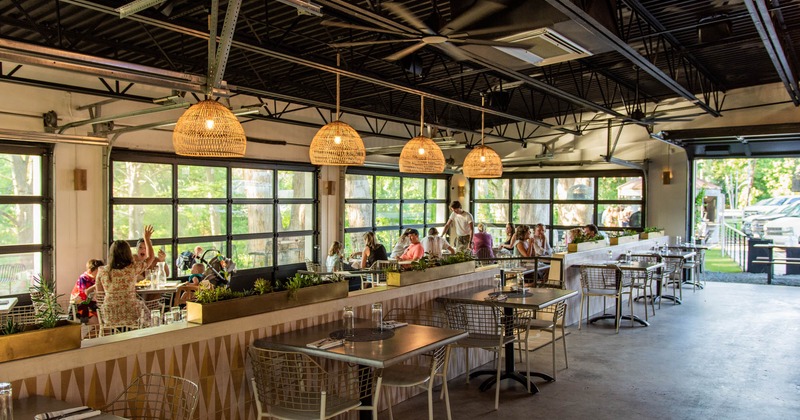 Interior, seating area with TVs