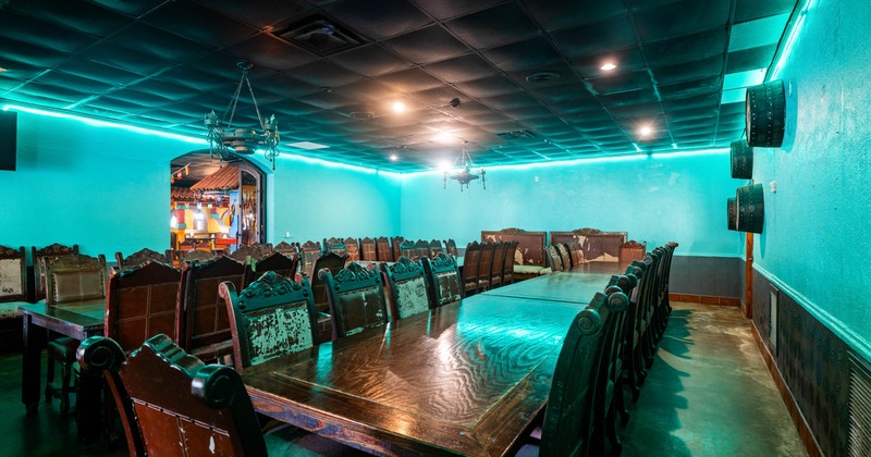 Interior, wooden tables and chairs