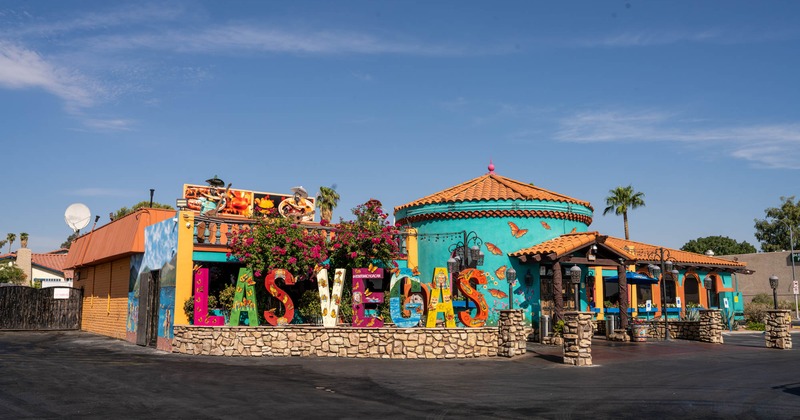 The exterior of Bonito Michoacan, colorful building and oversized "Las Vegas" sign