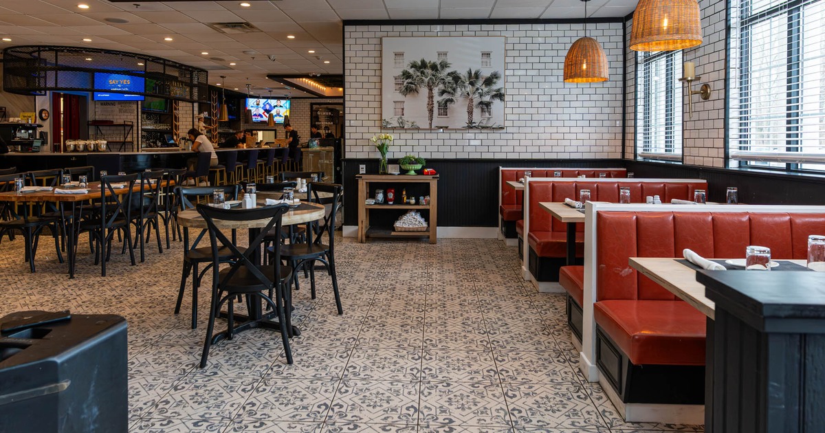 Interior, wide open view of a seating area