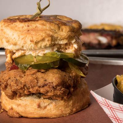 Buttermilk fried chicken sandwich, side view.
