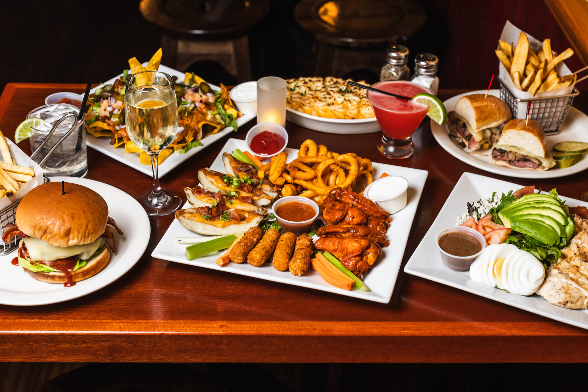 Various dishes and drinks on a table
