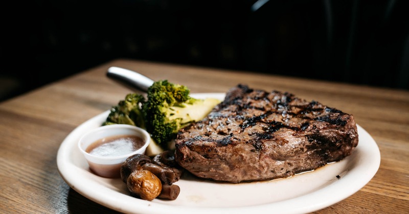 Grilled sirloin steak, with mushrooms, broccoli, and sauce