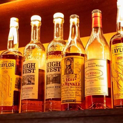 Bar details, whiskey bottles.