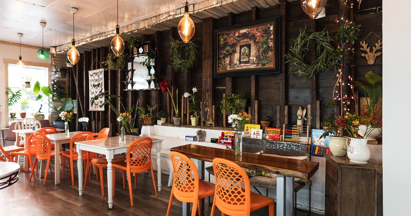 Interior, cozy seating area decorated with plants and flowers