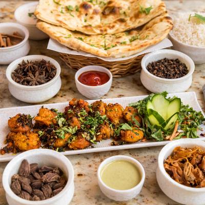 Various dishes, angled view.