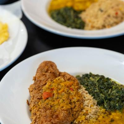Fried chicken, with rice, and spinach.