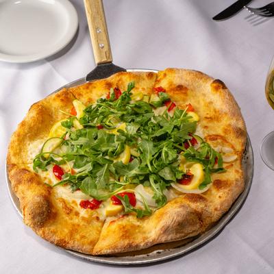 Vegetarian Pizza, with zucchini, squash, peppers, onions, jalapenos, and mozzarella.