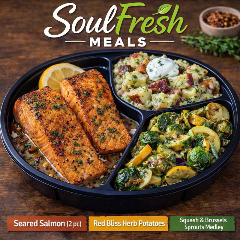 menu item 21 of 43, Seared Salmon | Red Bliss Herb Potatoes | Squash & Brussels Sprouts Medley
