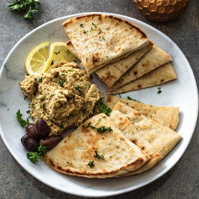 Hummus and pita bread.