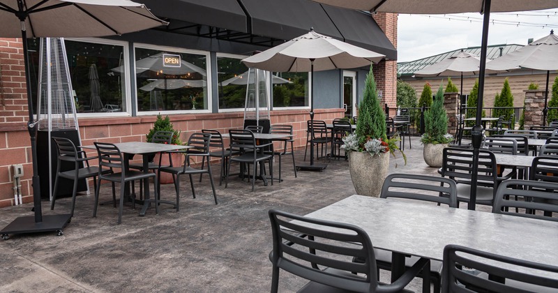 Exterior, tables, chairs and parasols