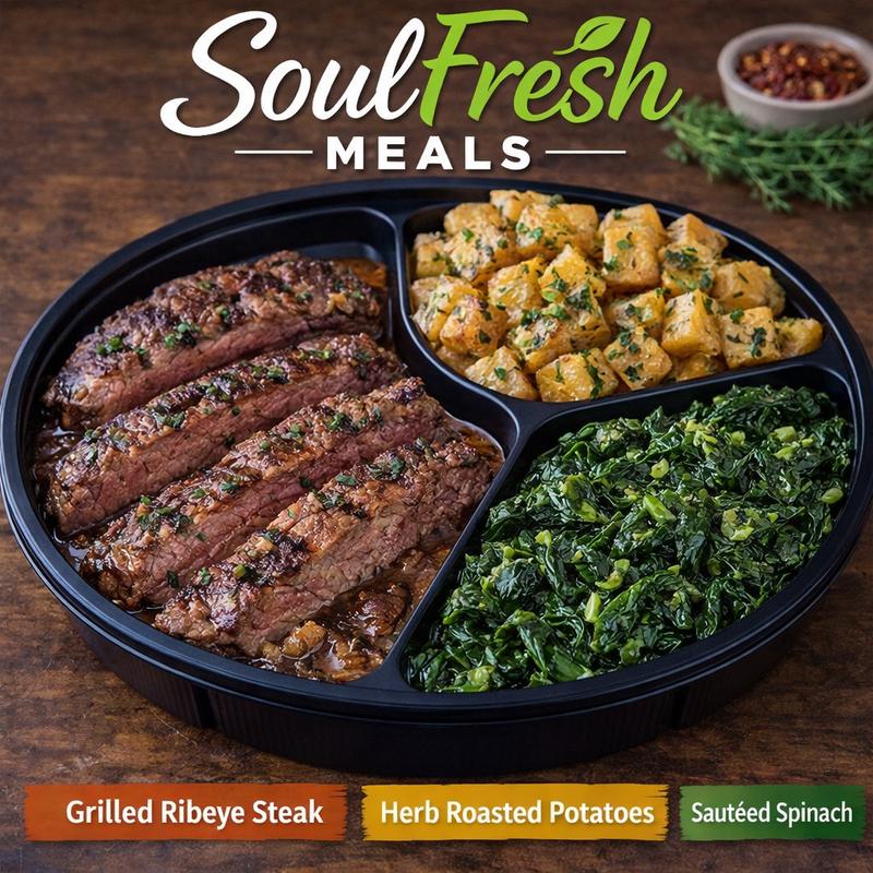 menu item 15 of 43, Grilled Ribeye Steak | Herb Roasted Potatoes | Sautéed  Spinach