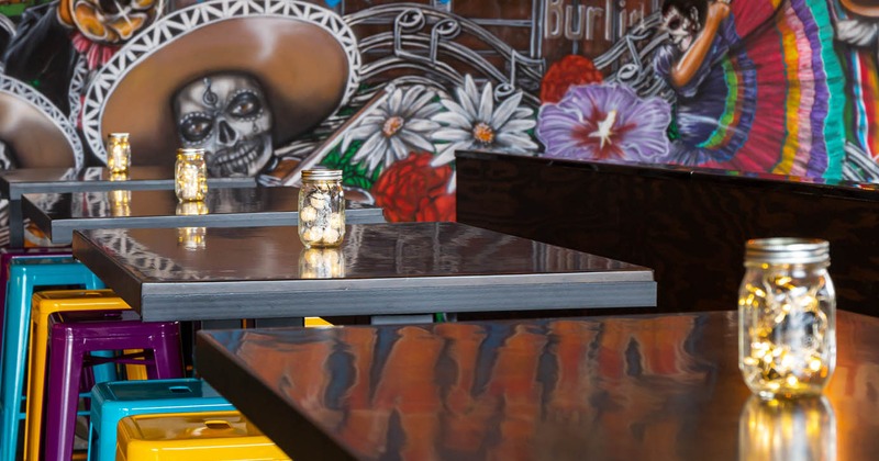 Interior, tables and chairs, wall decoration