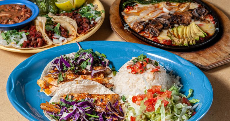 Fish tacos plate, Beef tacos plate and Cheese Chorizo Flambe plate