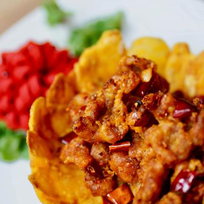 Close-up of dry pepper chicken.