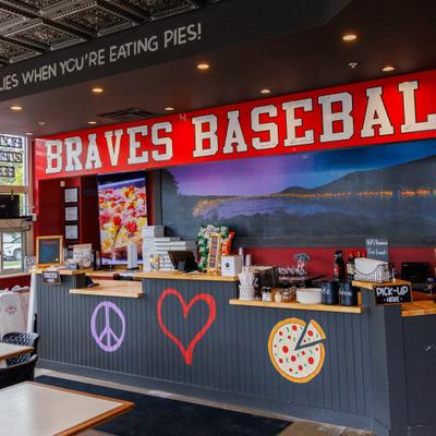 Pizza counter decorated with a prominent 