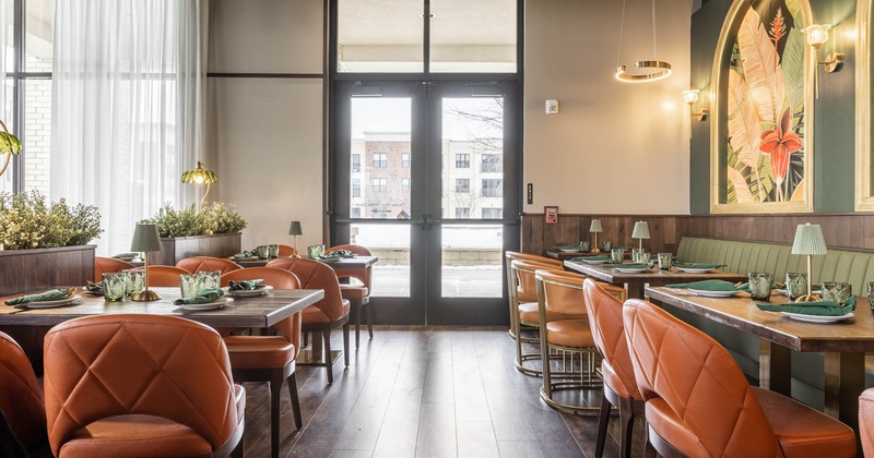 Interior, seating area with  an entrance in the back