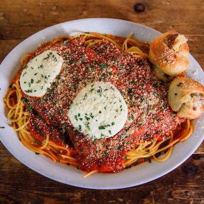 Chicken and parmesan pasta dinner, top view