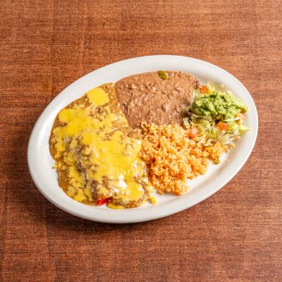 Enchiladas covered in chili gravy and melted cheese, served with rice, beans, and salad.
