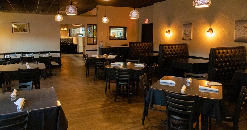 Interior, wide open view of a seating area