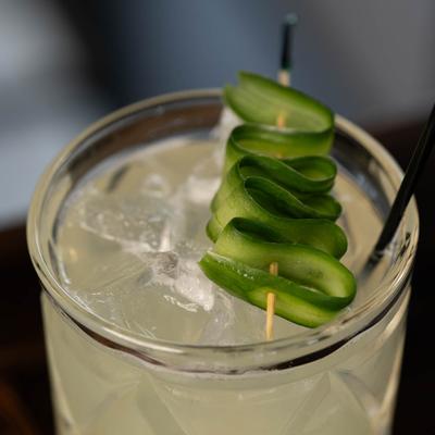 Clear cocktail in a glass with ice cubes, garnished with a skewer of folded cucumber slice.