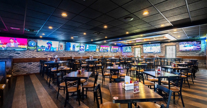 Interior seating area with chairs and tables