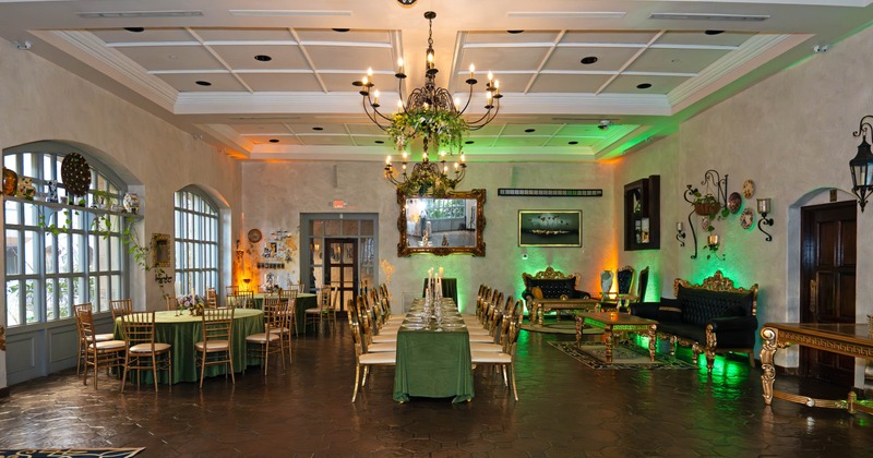 Interior, event seating area, round tables, long table for fourteen, lounge seating