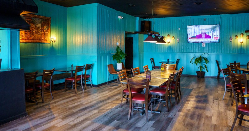 Interior, tables ready for guests